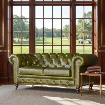 Button Tufted Green Leather Loveseat | FREE SHIPPING