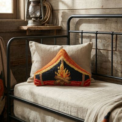 Camping Tent with Fire Wool Hooked Accent Pillow