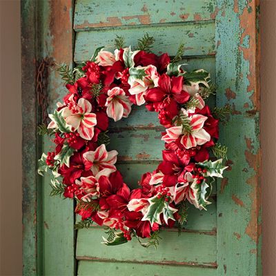Candy Cane Amaryllis and Holly Berry Wreath