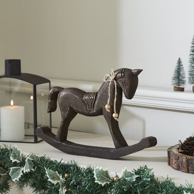 Carved Brown Wooden Rocking Horse with Twine Bow