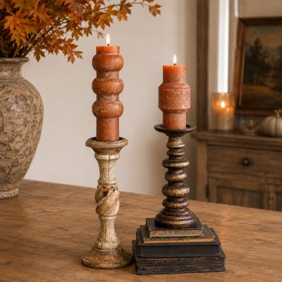 Carved Mango Wood Pillar Candle Holder Set of 2