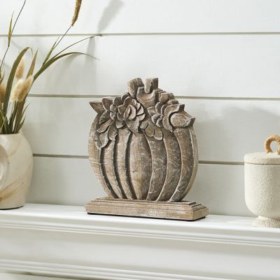 Carved Natural Wood Floral Crown Pumpkin Set of 2