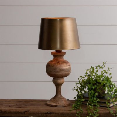 Carved Wood Base Table Lamp With Brass Shade