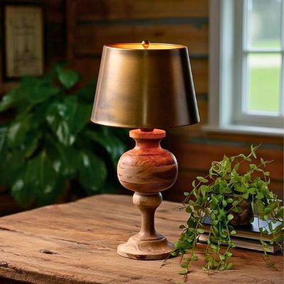 Carved Wood Base Table Lamp With Brass Shade
