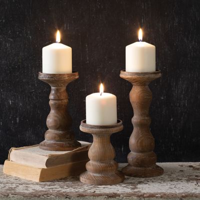Carved Wood Pillar Candle Holder Set of 3