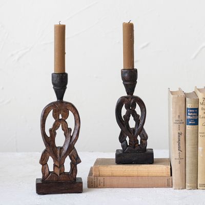 Carved Wood Taper Candle Holder Set of 2