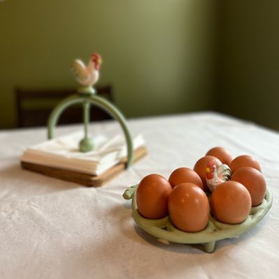 Cast Iron Rooster Egg Holder And Napkin Holder Sage Green