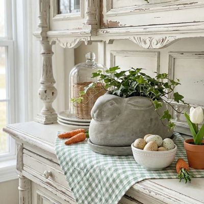 Cement Rabbit Planter With Saucer