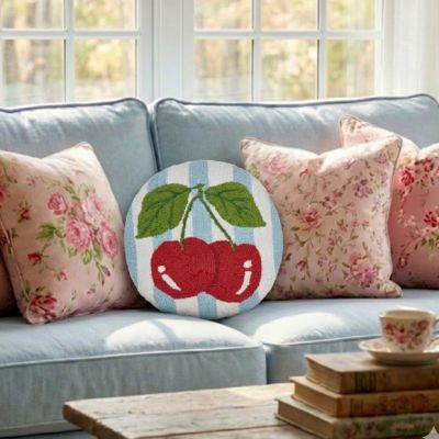 Charming Cherries Striped Round Hook Pillow