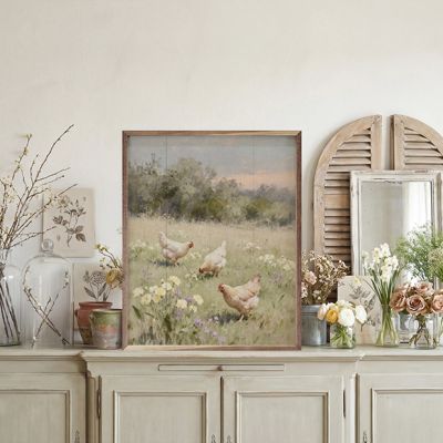 Chickens Playing In Pasture Framed Wall Art