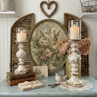 Chippy White Wood and Metal Pillar Candle Holder One of Each