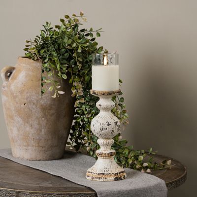 Chippy White Wood and Metal Pillar Candle Holder 9.75 Inch