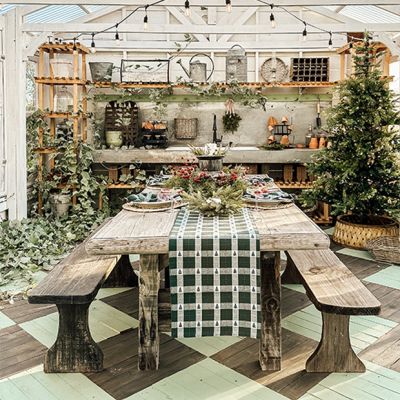 Christmas Green Plaid and Trees Table Runner
