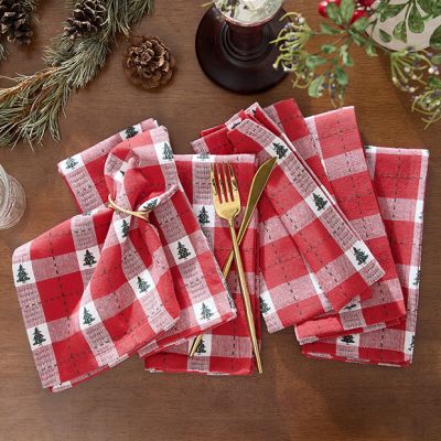 Christmas Red Plaid and Trees Cotton Napkin Set of 8