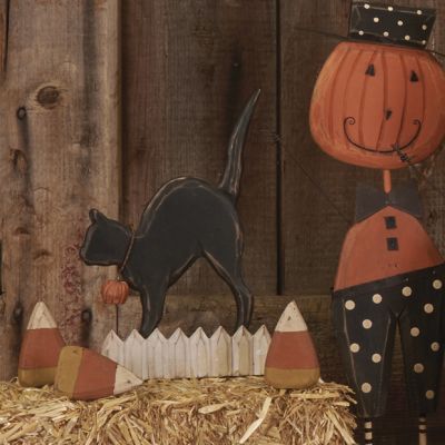 Chunky Wood Cutout Cat on Picket Fence