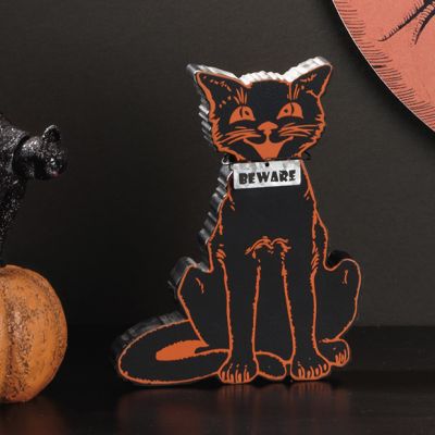 Chunky Wood Cutout Retro Beware Cat