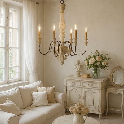 Classic 6 Light Wood and Metal Chandelier