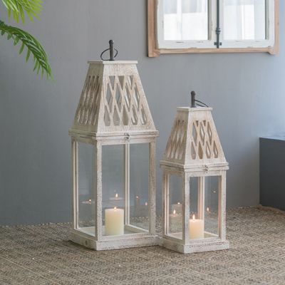 Classic Farmhouse Rustic White Candle Lanterns Set of 2