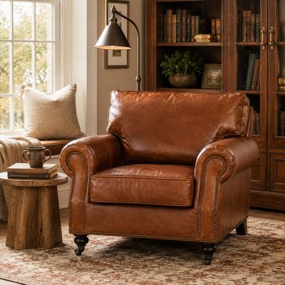 Classic Rolled Arm Brown Leather Accent Chair