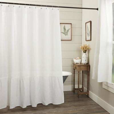 Classic White Linen Ruffled Shower Curtain