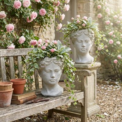 Classical Accents Whitewash Cement Visage Vase Set of 2
