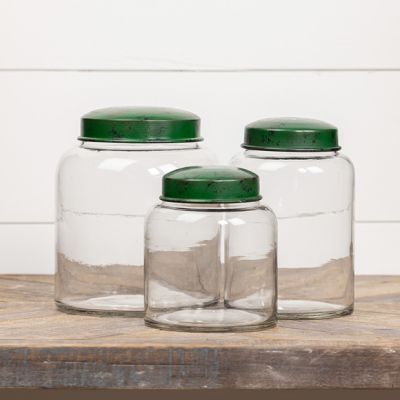 Clear Glass Storage Jar With Green Metal Lid Set of 3