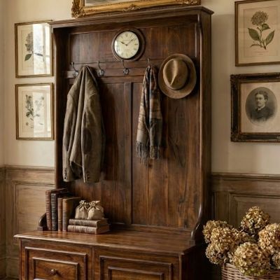Freestanding Coat Rack Bench with Clock