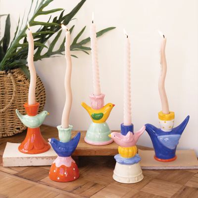 Colorful Ceramic Bird Taper Holder Set of 5