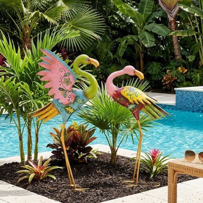 Colorful Flamingo Garden Sculptures Set of 2