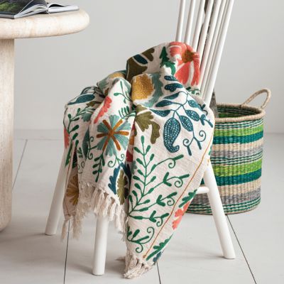 Colorful Floral Embroidered Throw Blanket
