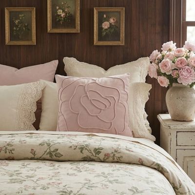 Cottage Cabbage Rose Pink Velvet Accent Pillow