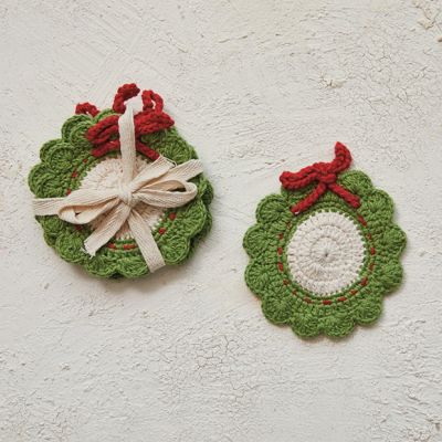 Cotton Crocheted Christmas Wreath Coasters Set of 8