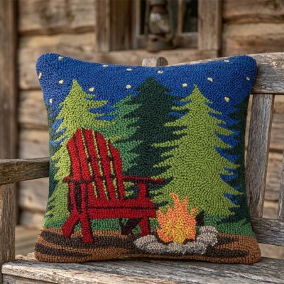 Cozy Campfire Scene Wool Hooked Accent Pillow
