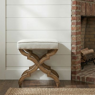 Cross Legged Linen and Oak Foot Stool