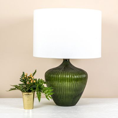 Glass Ribbed Base Table Lamp With Drum Shade