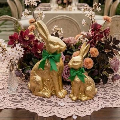 Decorative Gold Bunny with Green Bow Figure