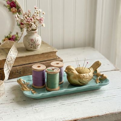 Decorative Green Tray with Gold Bow Handles