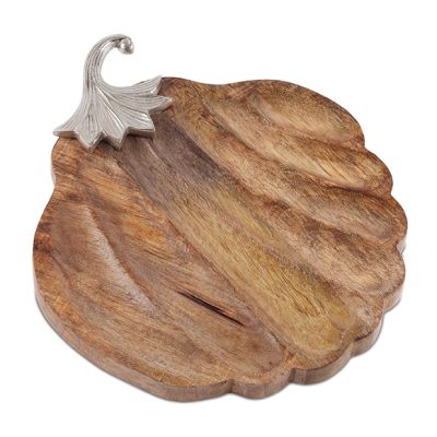 Decorative Scalloped Wood Pumpkin Plate With Silver Stem