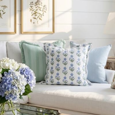Delicate Blue Floral Square Throw Pillow Cover