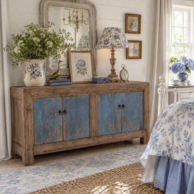 Distressed Blue Panel Console Cabinet