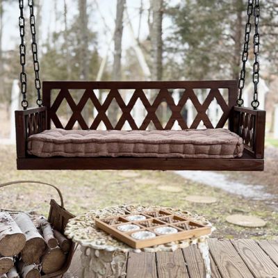 Distressed Brown Wood Porch Swing with Cushion