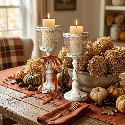 Distressed Finespun Metal Candle Holder Set of 2