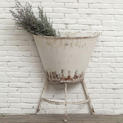 Distressed Metal Bin On Stand