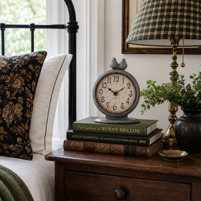 Distressed Pewter Table Clock With Birds