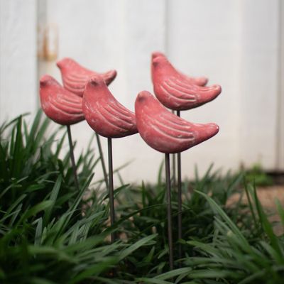 Distressed Red Clay Bird Plant Stakes Set of 6