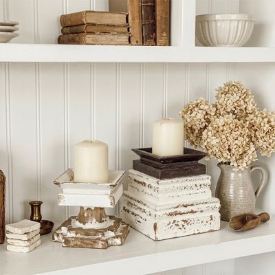 Distressed Square Tier Pillar Candle Holder Set of 2