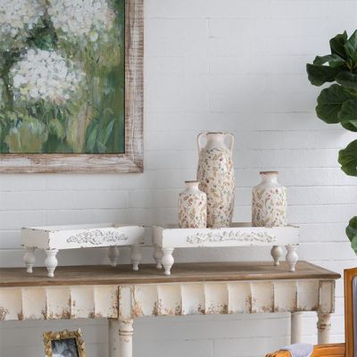 Distressed White Footed Ornate Display Trays Set of 2