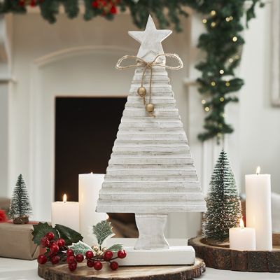 Distressed White Wood Christmas Tree with Bow