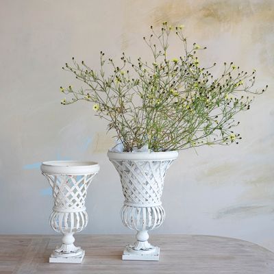 Distressed White Woven Metal Footed Urn