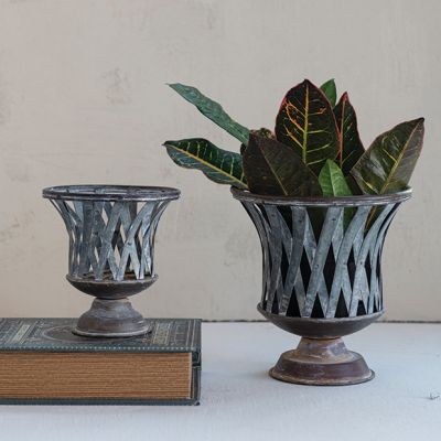 Distressed Woven Metal Urn Planters Set of 2